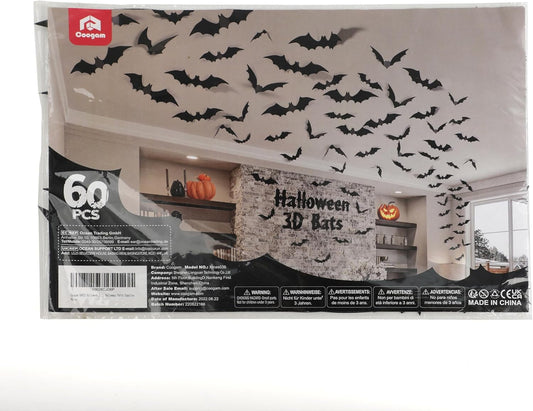 60PCS Halloween Bats Decoration, 4 Different Sizes Realistic PVC Black 3D Scary Bat Sticker for Home Decor DIY Wall Decal Bathroom Indoor Hallowmas Party Supplies